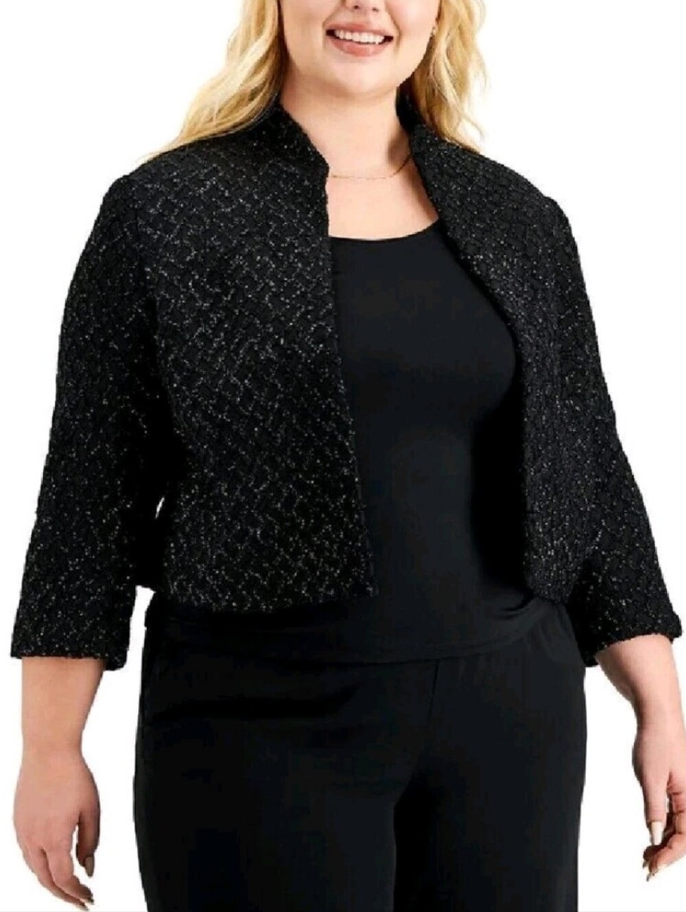 NWT Kasper Metallic Open Front Blazer Jacket Black Shimmer Cropped Textured 16W